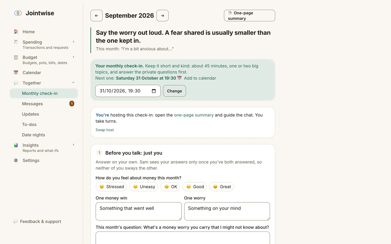The monthly check-in with private questions and the month's agenda